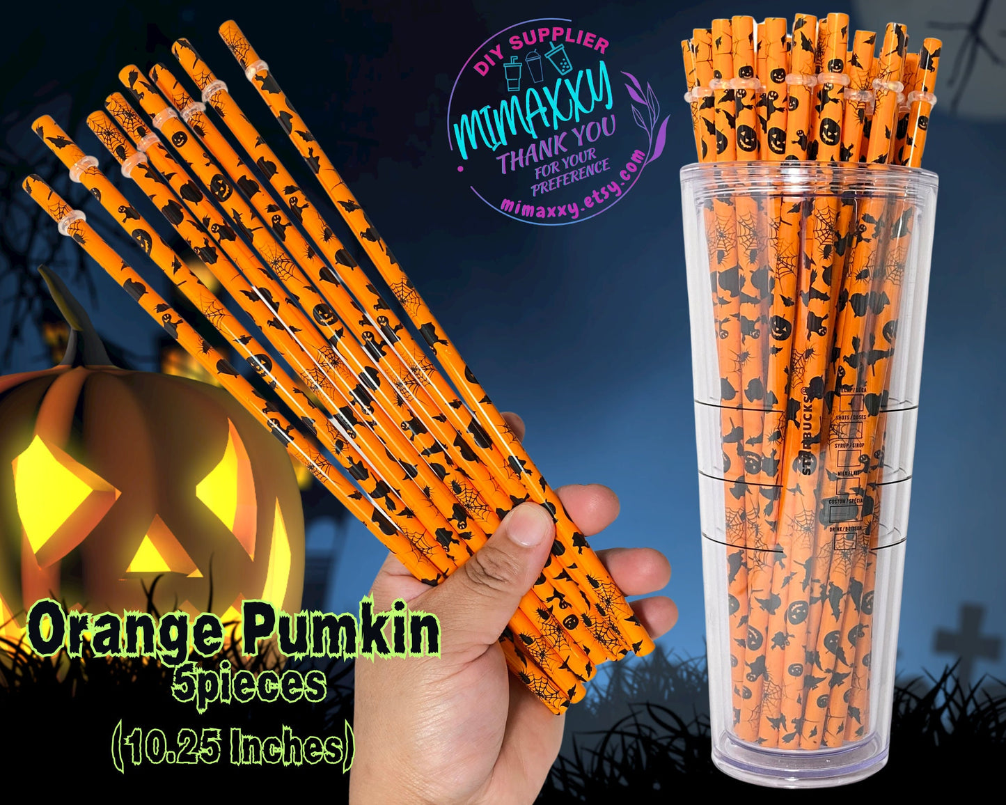 Reusable Pattern Halloween Straws with stopper and brush cleaner, for Starbucks tumbler or blanks, Replacement, 10.25 inches, Plastic, diy