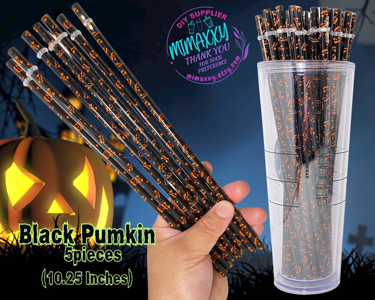 Reusable Pattern Halloween Straws with stopper and brush cleaner, for Starbucks tumbler or blanks, Replacement, 10.25 inches, Plastic, diy