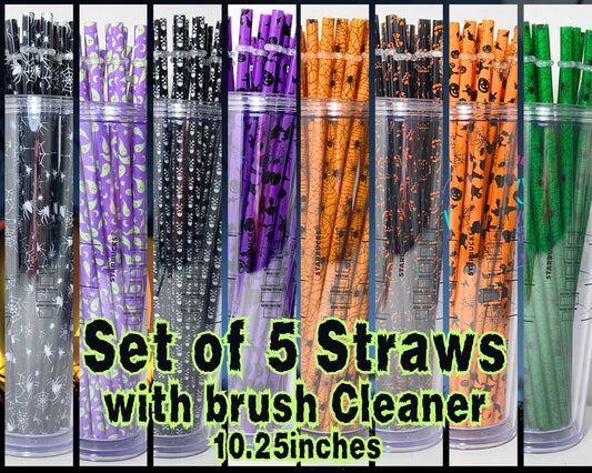 Reusable Pattern Halloween Straws with stopper and brush cleaner, for Starbucks tumbler or blanks, Replacement, 10.25 inches, Plastic, diy