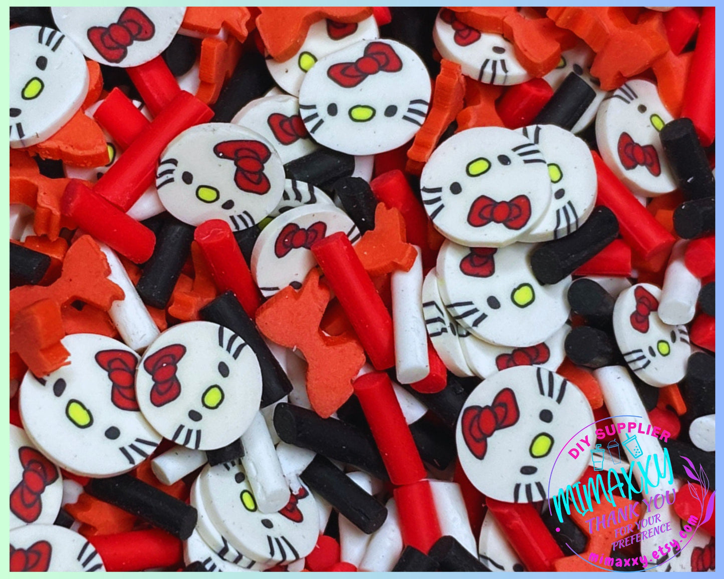 5mm Kitty with Red Bow, Sprinkle Slime, Polymer Clay Slice Slices Fake Bake Nail Art Faux Craft , CARTOON MIX 022