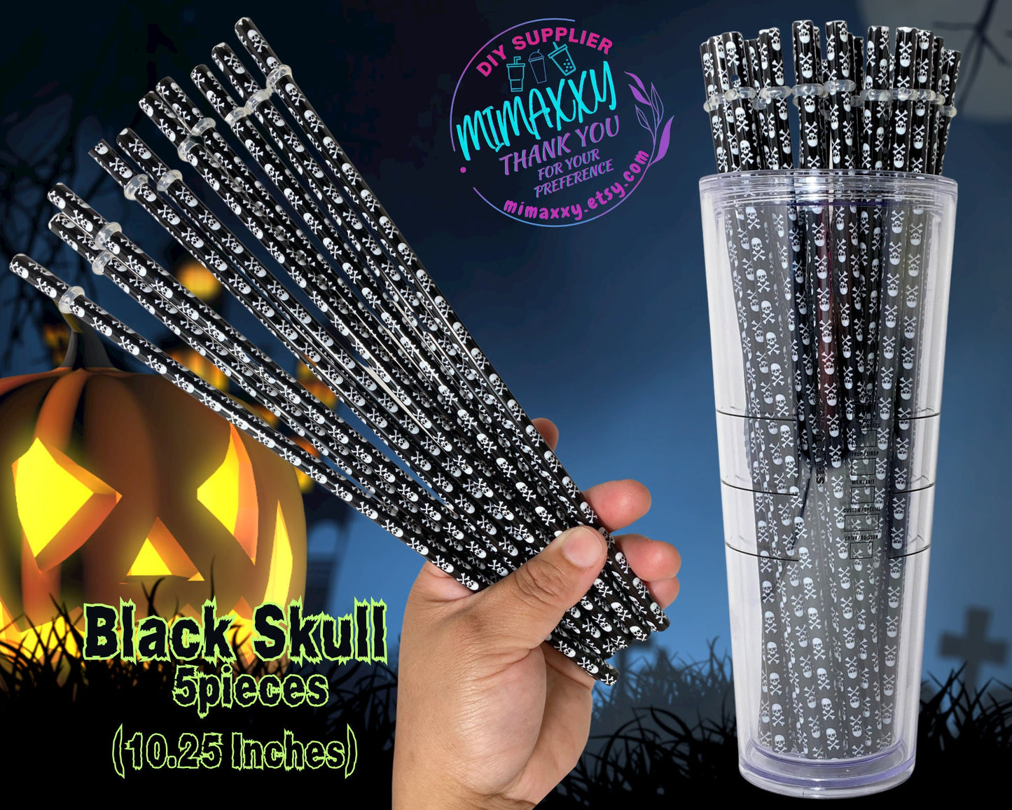 Reusable Pattern Halloween Straws with stopper and brush cleaner, for Starbucks tumbler or blanks, Replacement, 10.25 inches, Plastic, diy