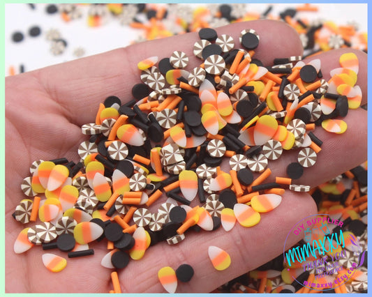 5mm Happy Fall, candy corn/ Sprinkle, Slime Polymer Clay Slices, Fake Bake Nail, Craft, black, white, orange,