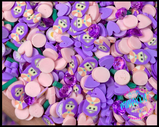 5mm Purple Princess, long hair, mouse, Princess, Sprinkle Slime, Polymer Clay Slice Slices Fake Bake Nail Art Faux Craft , CARTOON MIX 028