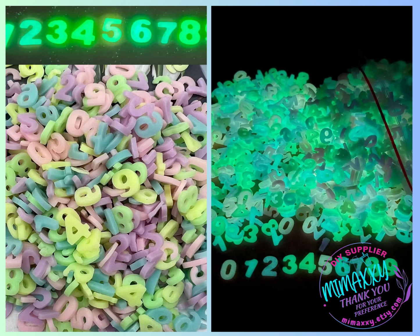 10mm Long Numbers Luminous, Polymer Clay Slices, Solvent Resistant, Tumblers, Cups, Slime, Nail art, Deco, GLOW In The DARK 004