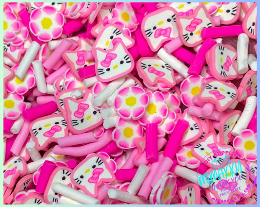 5mm Mix Pink Kitty with Pink Bow, Sprinkle Slime, Polymer Clay Slice Slices Fake Bake Nail Art Faux Craft, CARTOON MIX 021