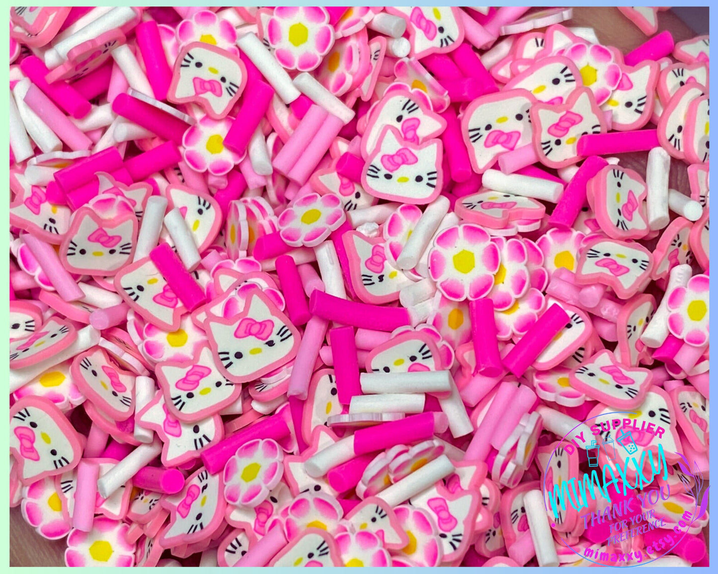 5mm Mix Pink Kitty with Pink Bow, Sprinkle Slime, Polymer Clay Slice Slices Fake Bake Nail Art Faux Craft, CARTOON MIX 021