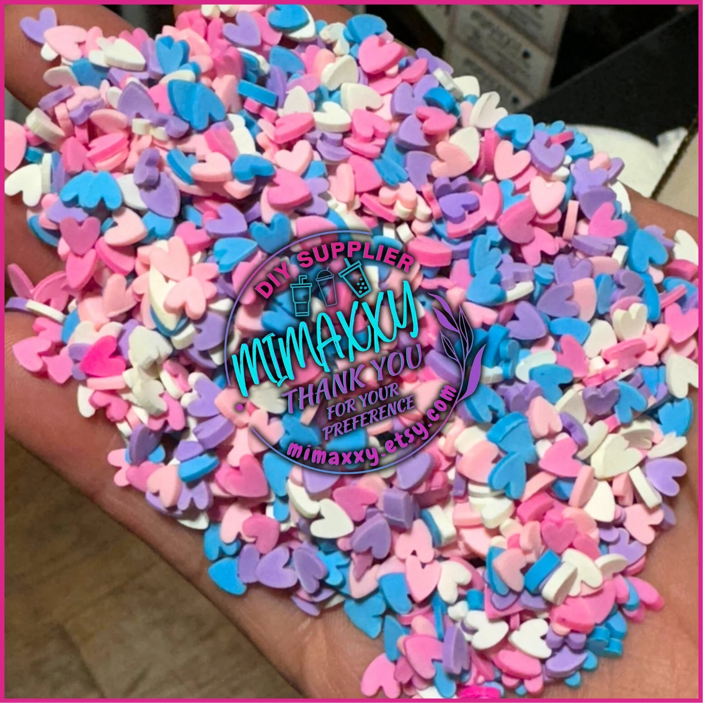 5mm Hearts Blue, pink, purple, white,  Polymer Clay Slices cherries, hearts, valentine, pearls, kisses, icecream, pink, LOVE 026