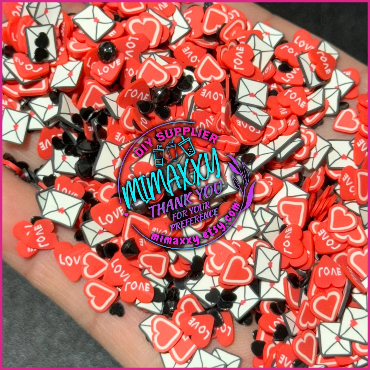 5mm Red & Black Conversation Hearts, Valentine's day Polymer Clay Slices, hearts, chocolate, , rainbow, , kisses, mail lipstick LOVE 032