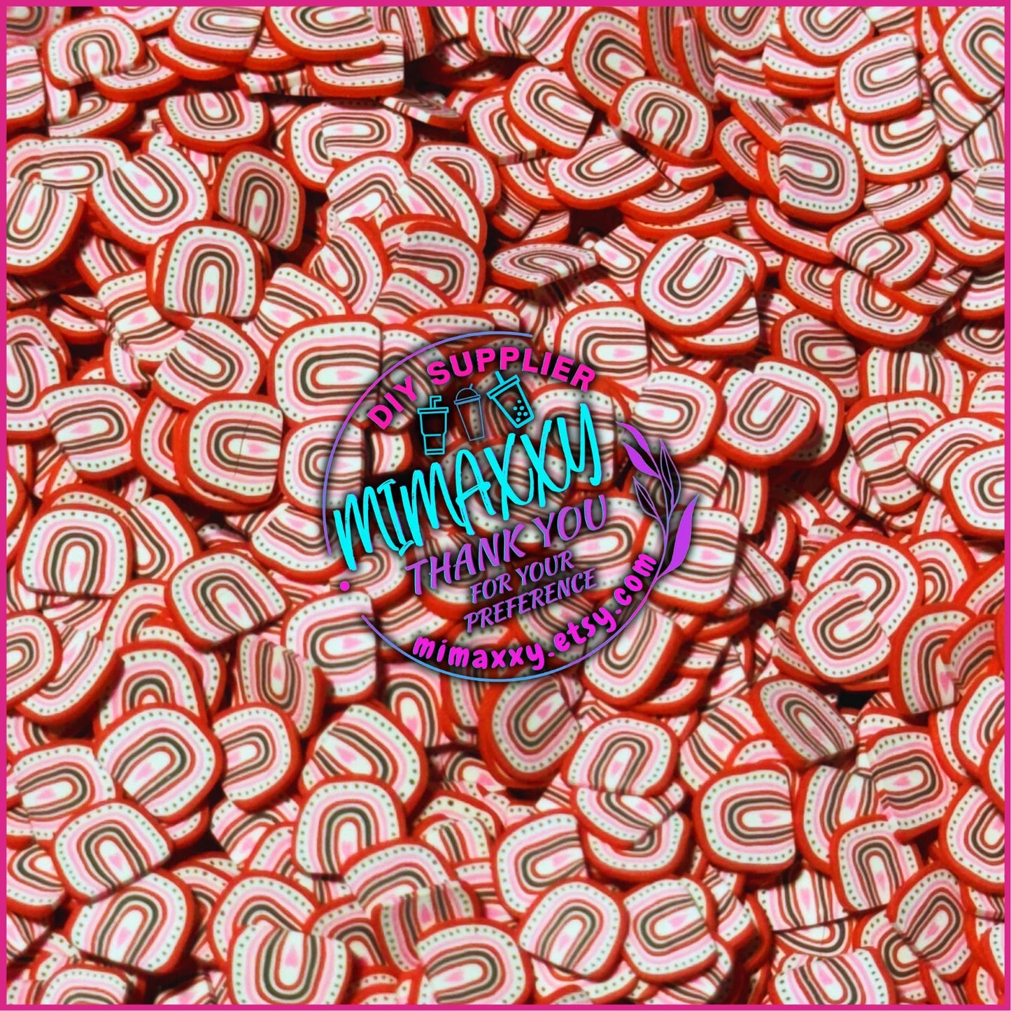 5mm Boho Rainbow Red,  Polymer Clay Slices cherries, hearts, valentine, pearls, kisses, icecream, pink, LOVE 029