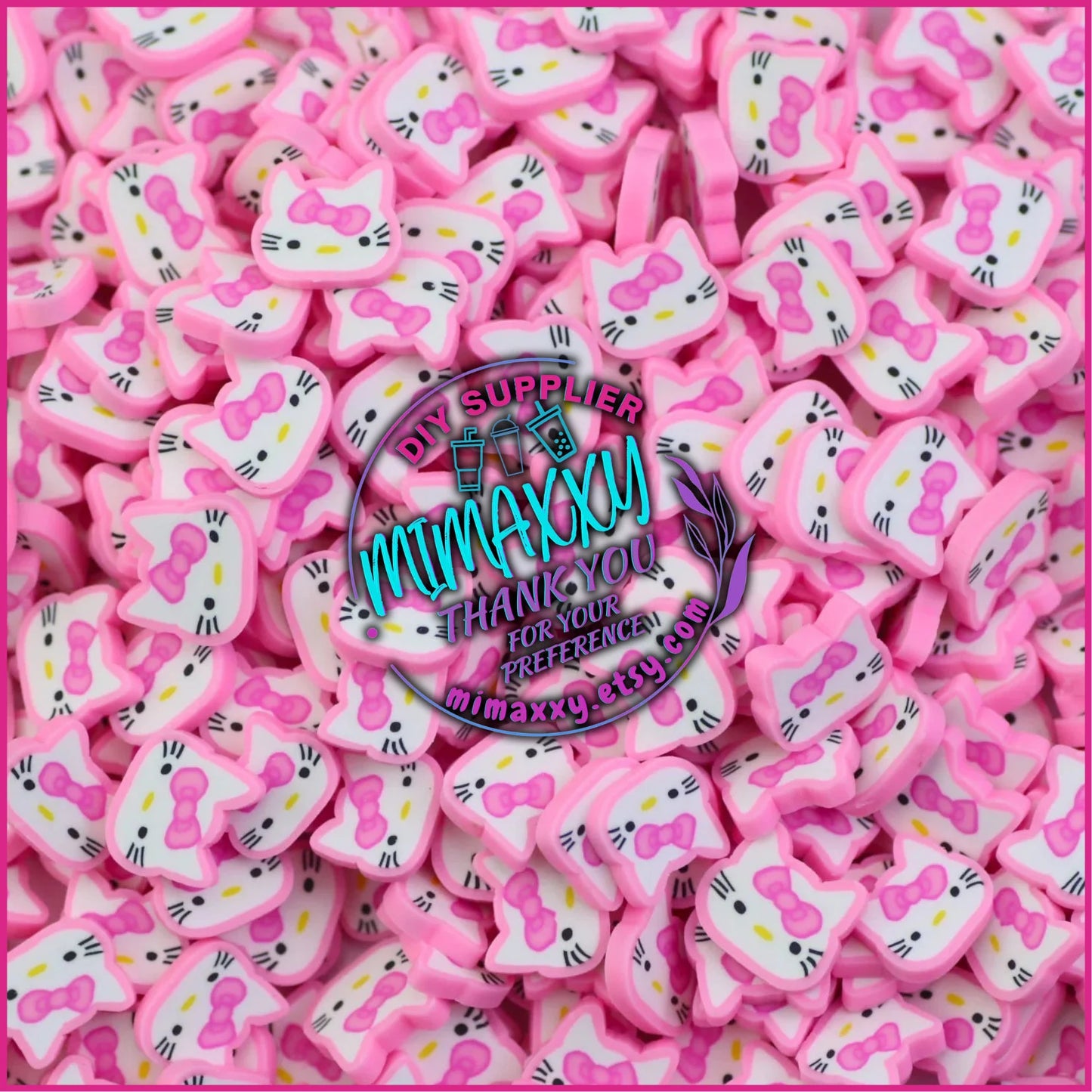 5mm Pink Kitty with Pink Bow, Sprinkle Slime, Polymer Clay Slice Slices Fake Bake Nail Art Faux Craft , MOVIE 014