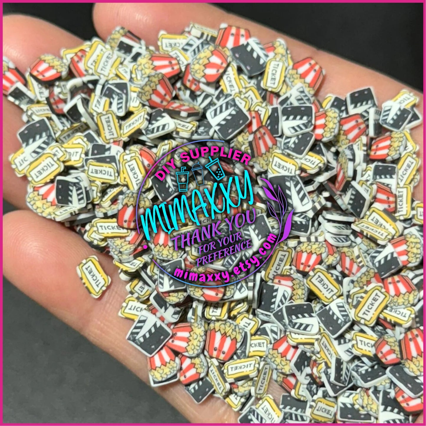 5mm. Movie Time,ticket, popcorn,director cut, Horror / Sprinkle, Slime Polymer Clay Slices, Fake Bake Nail, Craft Ships, mix, black,movie, A-053